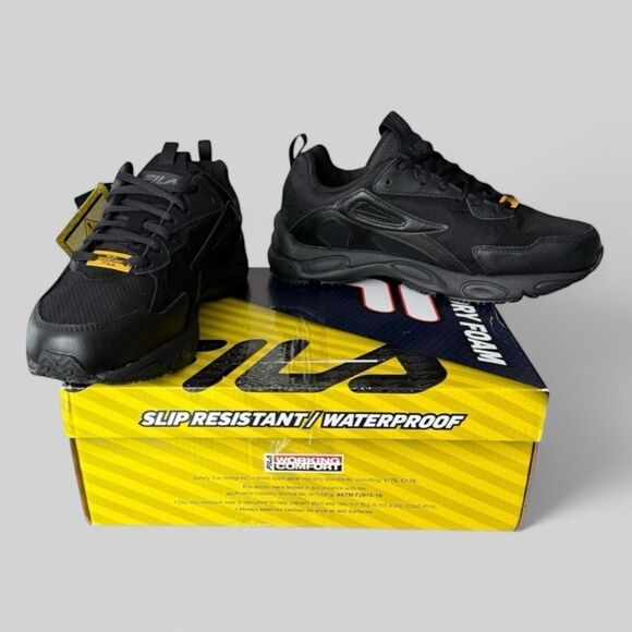 Fila Lateshift Black Slip Resistant Waterproof Memory Foam Men’s Work Shoe XWide - Picture 1 of 16